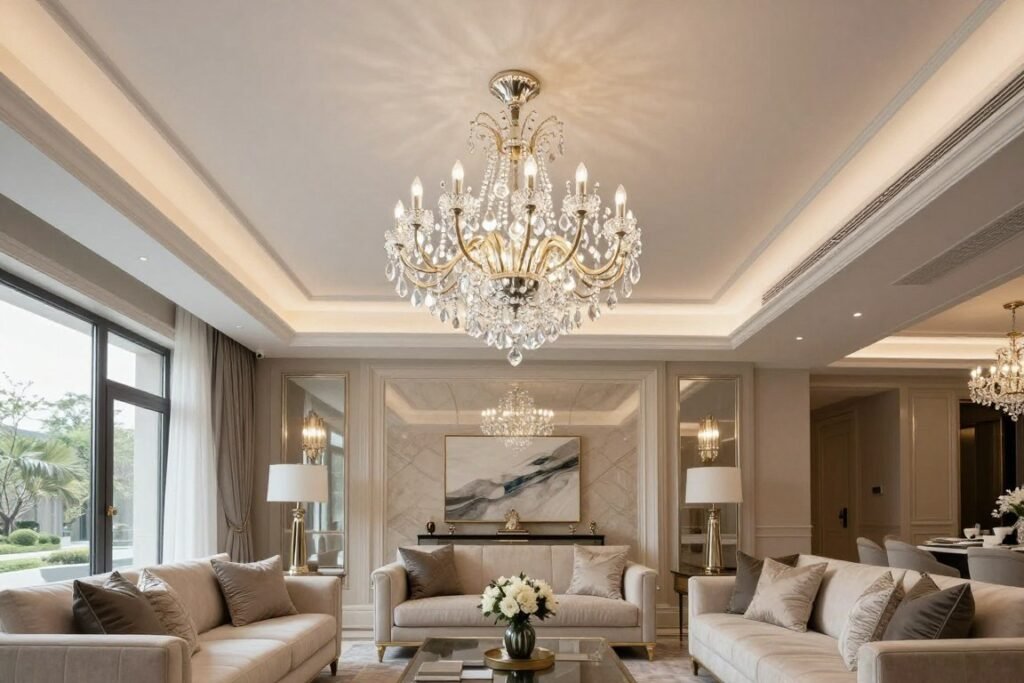 elegant crystal chandelier as centerpiece in contemporary living room elegant crystal chandelier as centerpiece in contemporary living room