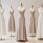 elegant formal wedding guest dresses displayed on mannequins