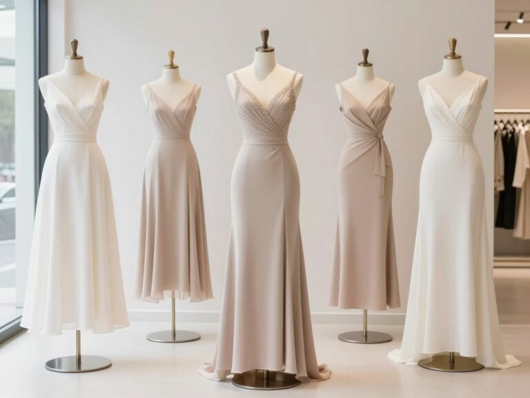 elegant formal wedding guest dresses displayed on mannequins