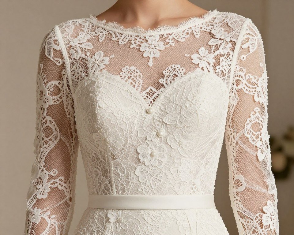 elegant lace long sleeve wedding guest dress detail shot