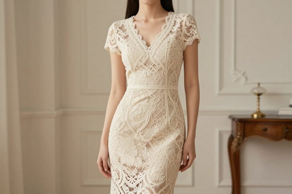 elegant lace midi dress in champagne color
