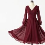 elegant long sleeve wedding guest dress in burgundy for fall wedding