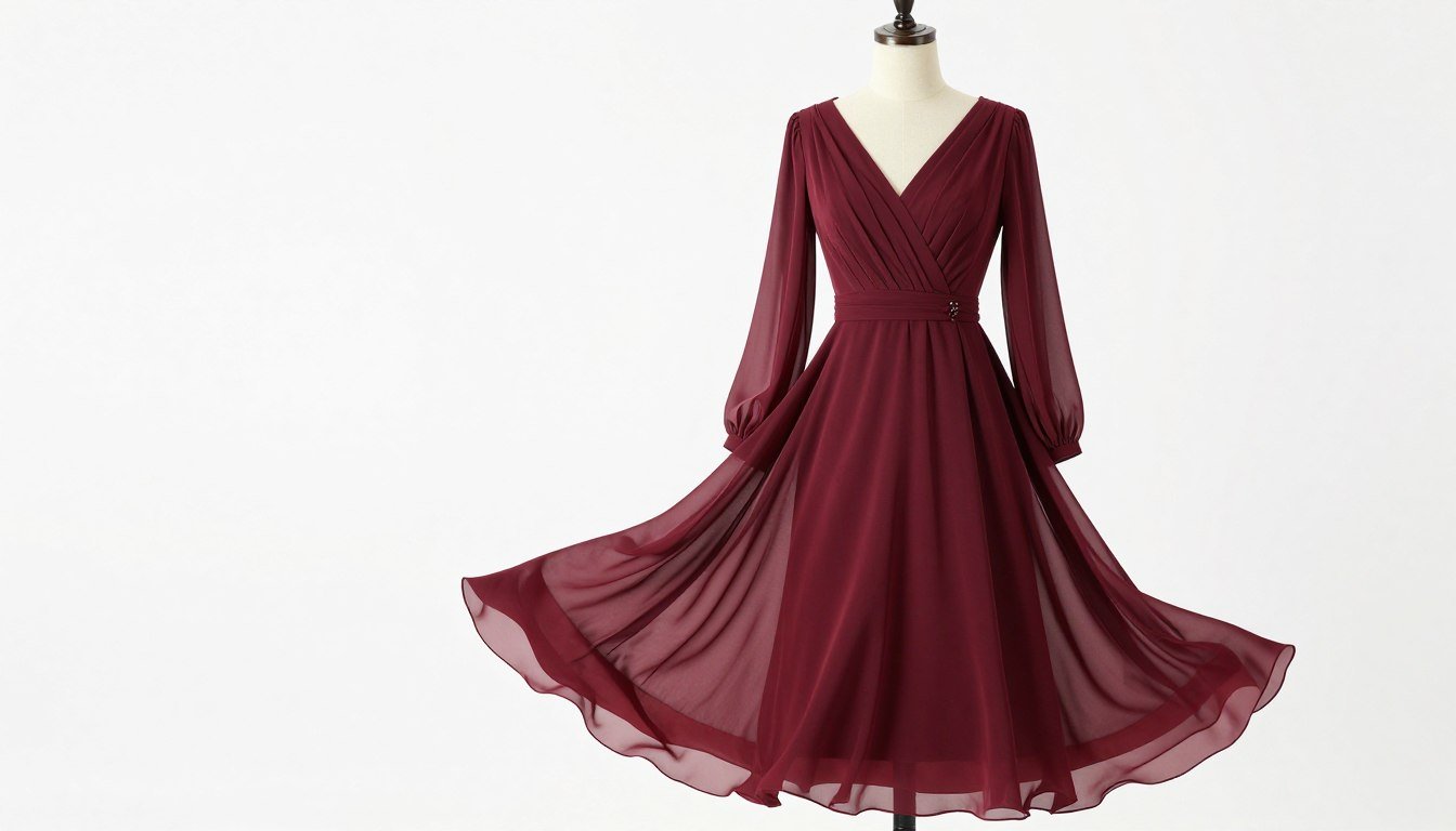 elegant long sleeve wedding guest dress in burgundy for fall wedding