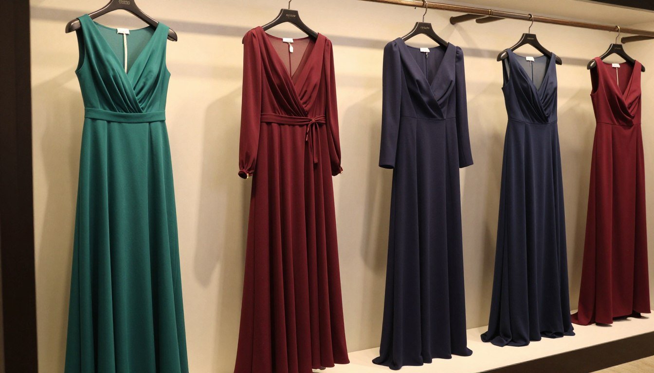 elegant november wedding guest dress options displayed on mannequins