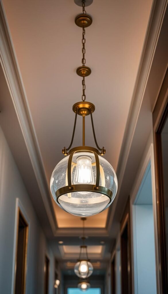 elegant pendant light hanging in tall hallway creating focal point