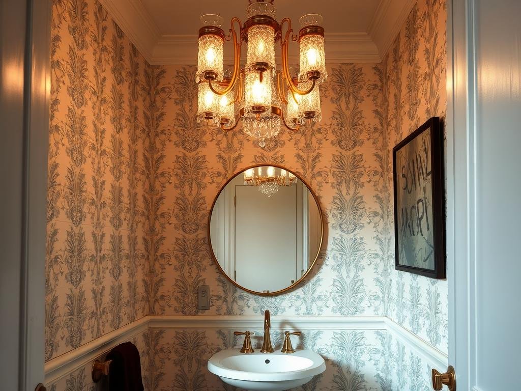 elegant powder room with statement lighting fixture elegant powder room with statement lighting fixture