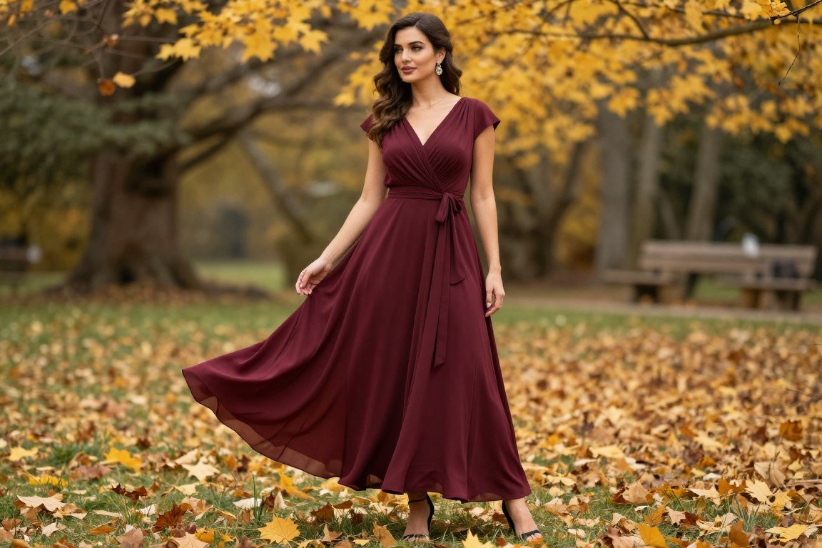 elegant september wedding guest dress in autumn garden setting