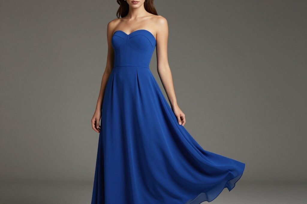 elegant strapless maxi dress in royal blue