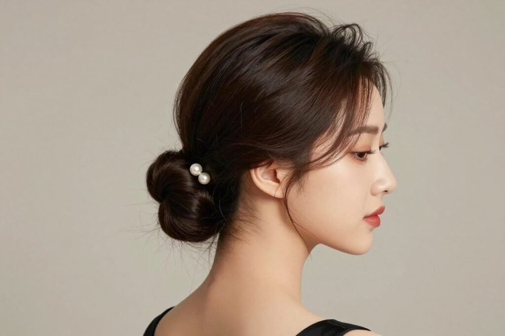 elegant updo hairstyle for wedding guest with long hair