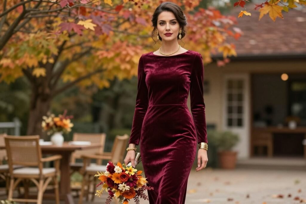 elegant woman in complete autumn wedding guest outfit