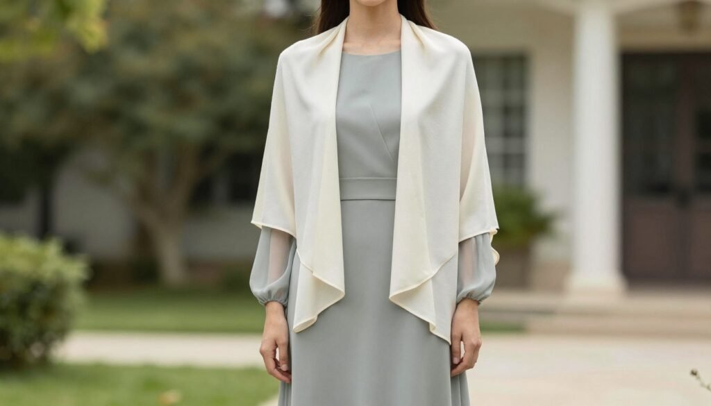 elegant wrap styled with long sleeve wedding guest dress