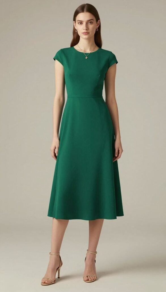 emerald fit-and-flare midi dress for fall wedding guest outfit