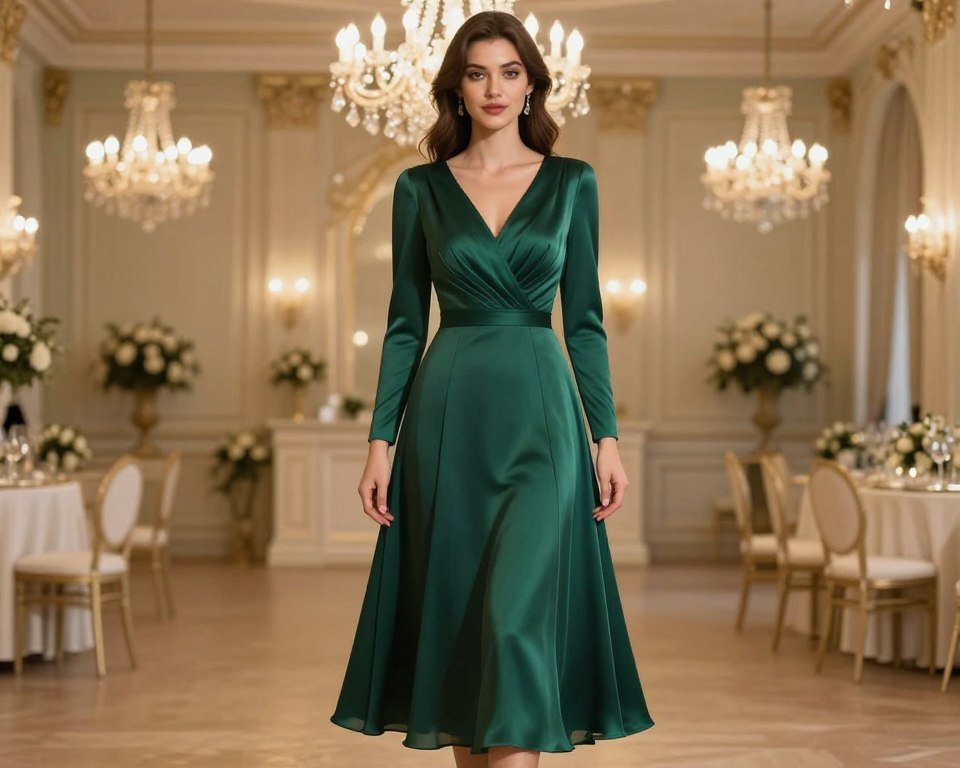 emerald green long sleeve wedding guest dress for winter celebration