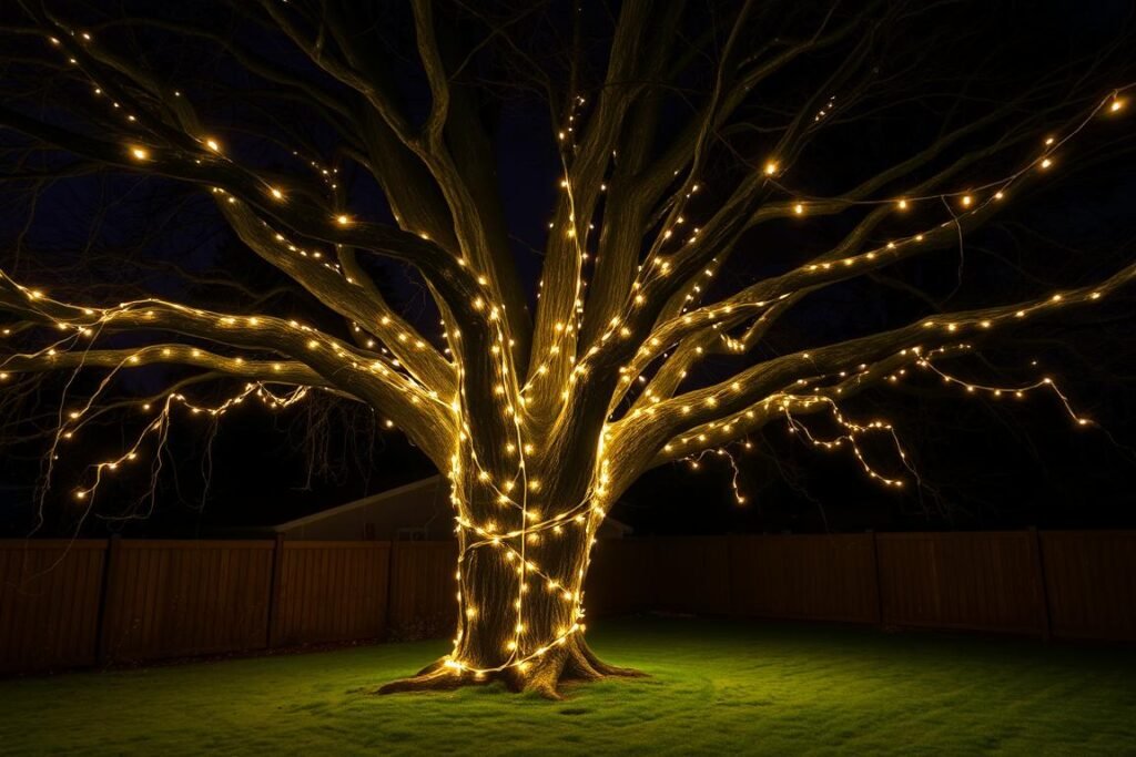 fairy lights wrapped around tree trunk and branches