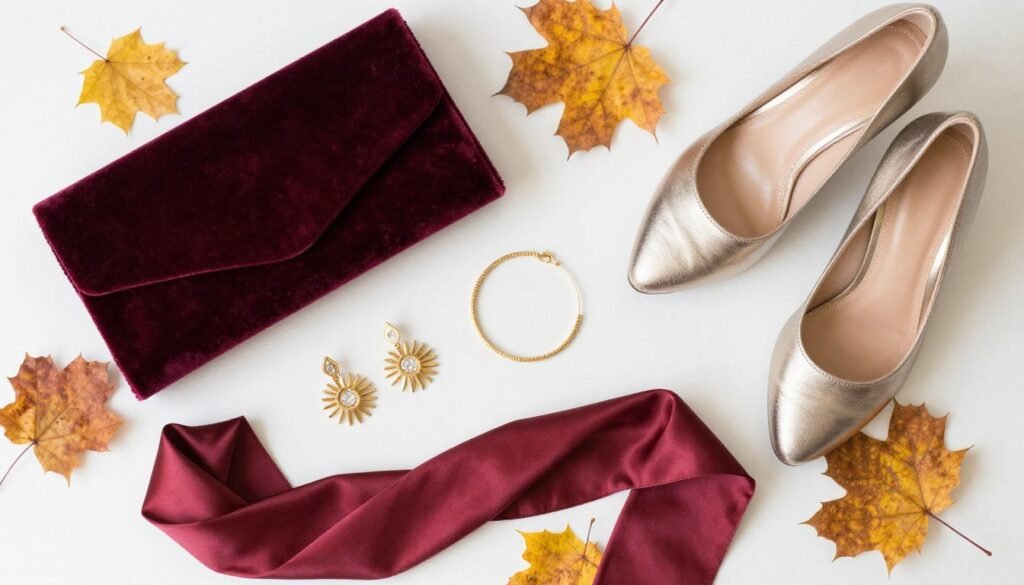 fall wedding accessories including velvet clutch and gold jewelry