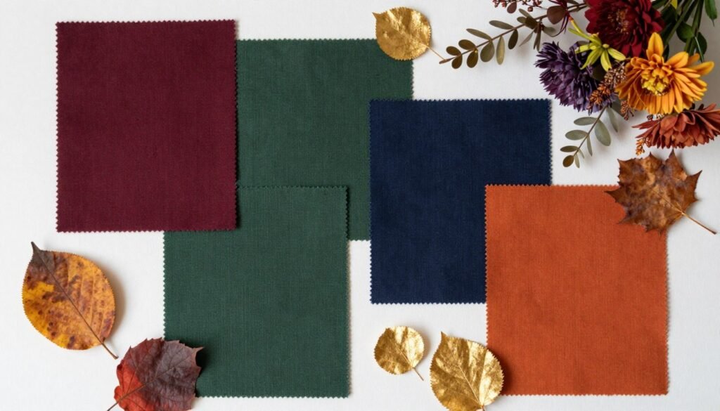 fall wedding color palette and fabric swatches