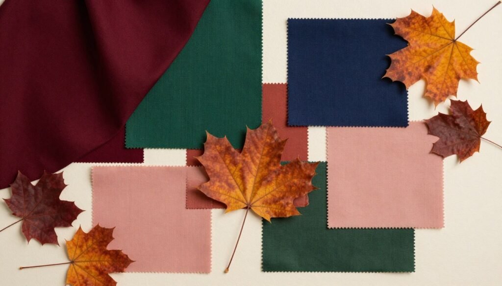 fall wedding color palette display with dress swatches