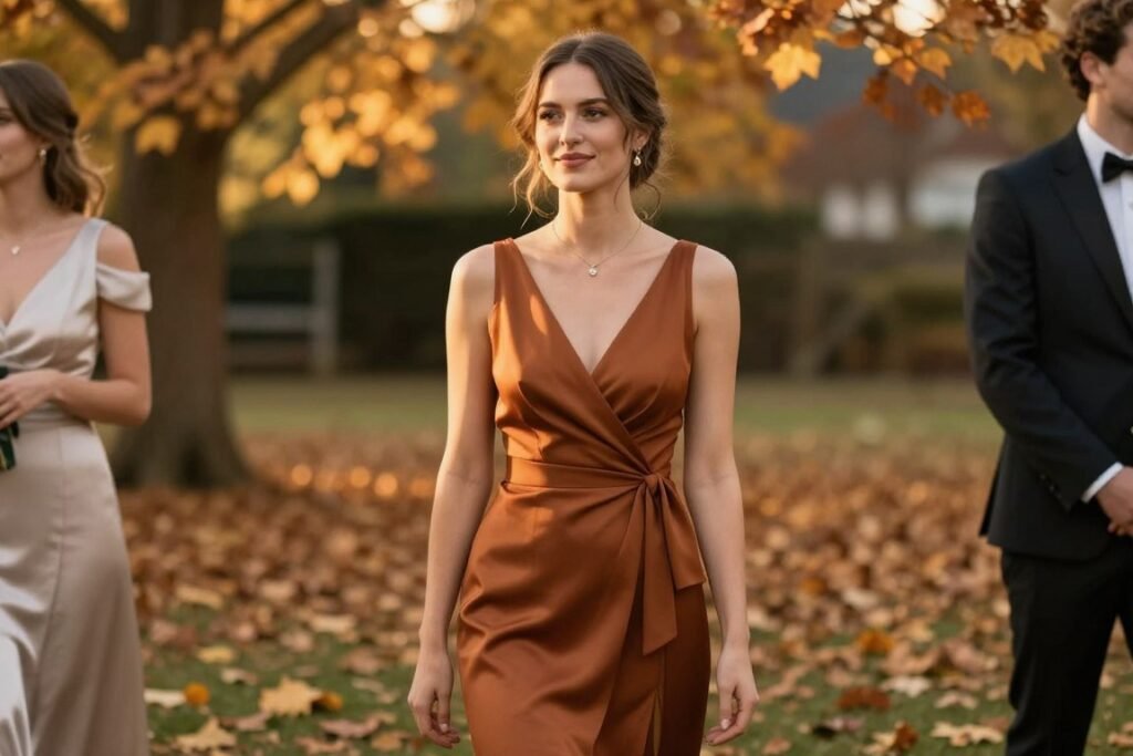 fall wedding guest in cocktail attire outdoors