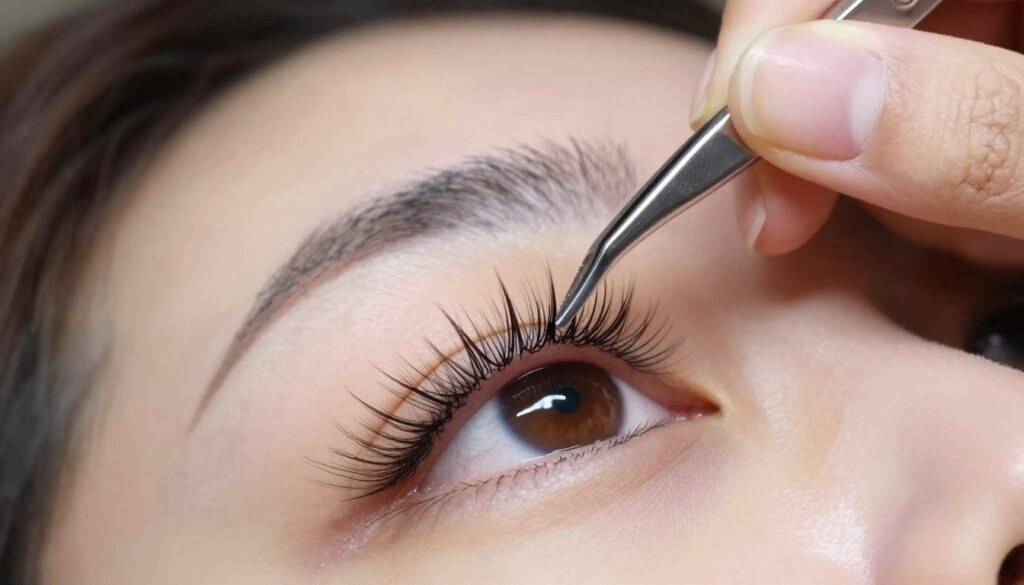 false eyelashes being applied on brown eyes wedding makeup