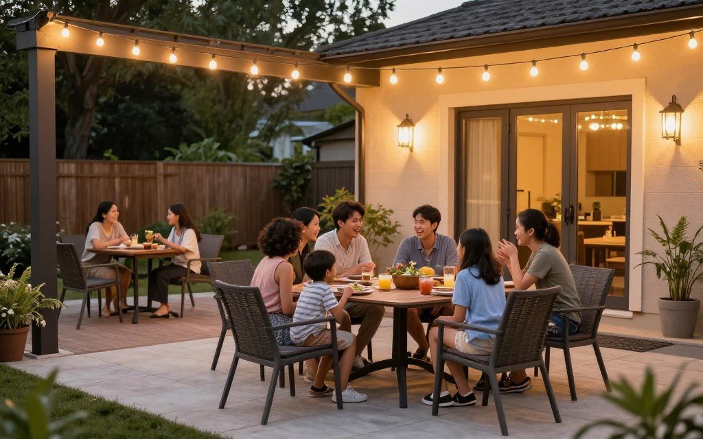 family enjoying completed budget patio transformation together