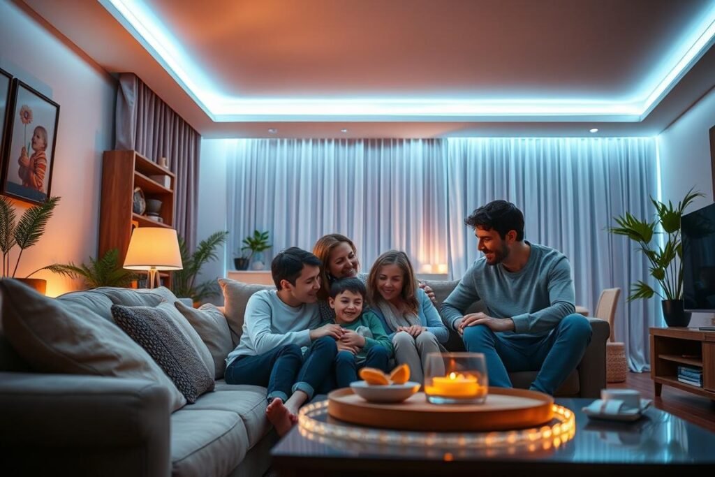 family enjoying their LED-lit living room in the evening creating memories family enjoying their LED-lit living room in the evening creating memories