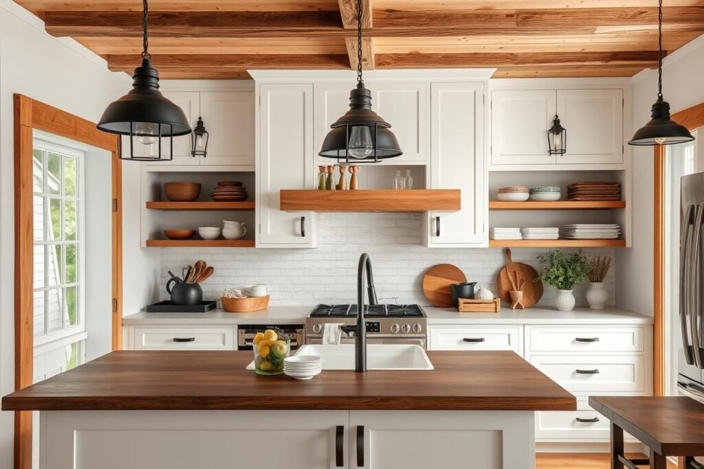 farmhouse kitchen with rustic lighting