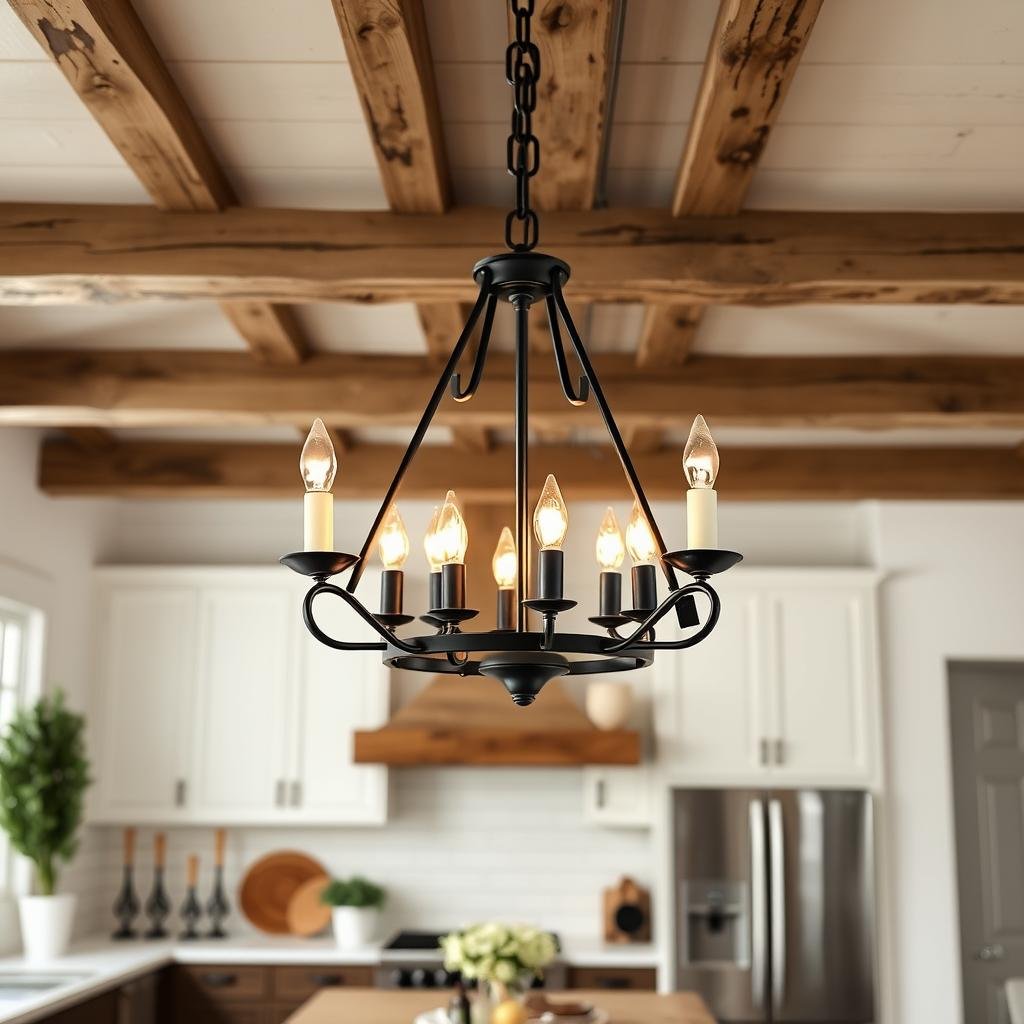 farmhouse style chandelier in kitchen