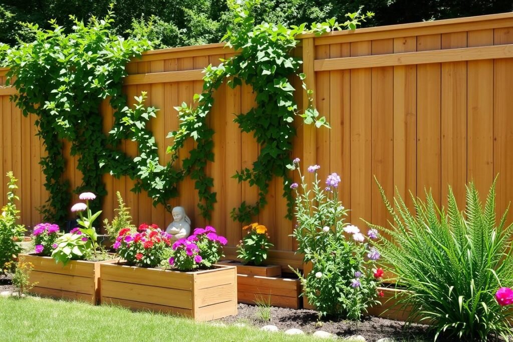 fence with integrated planters and climbing vines
