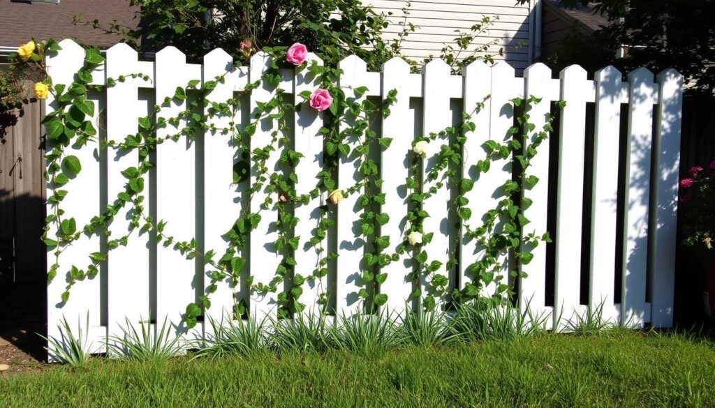 finished painted pallet fence with climbing plants