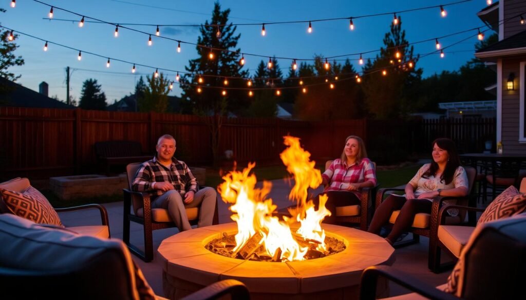 fire pit surrounded by seating with warm ambient lighting fire pit surrounded by seating with warm ambient lighting