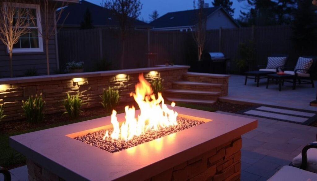 fire pit with accent lighting in stone surround