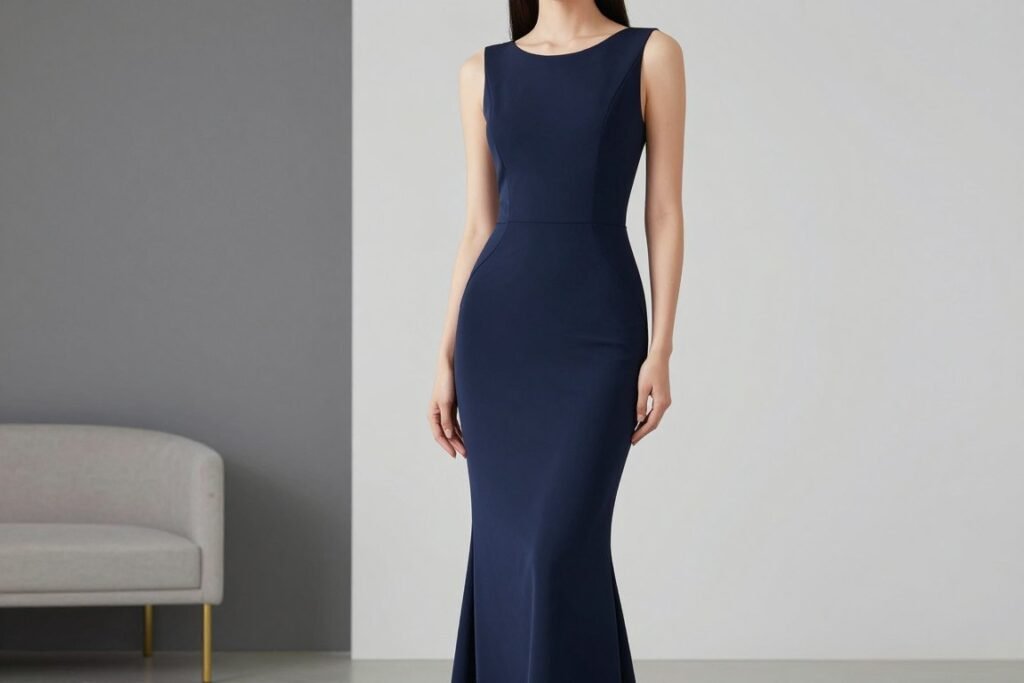 fitted sheath gown in midnight blue