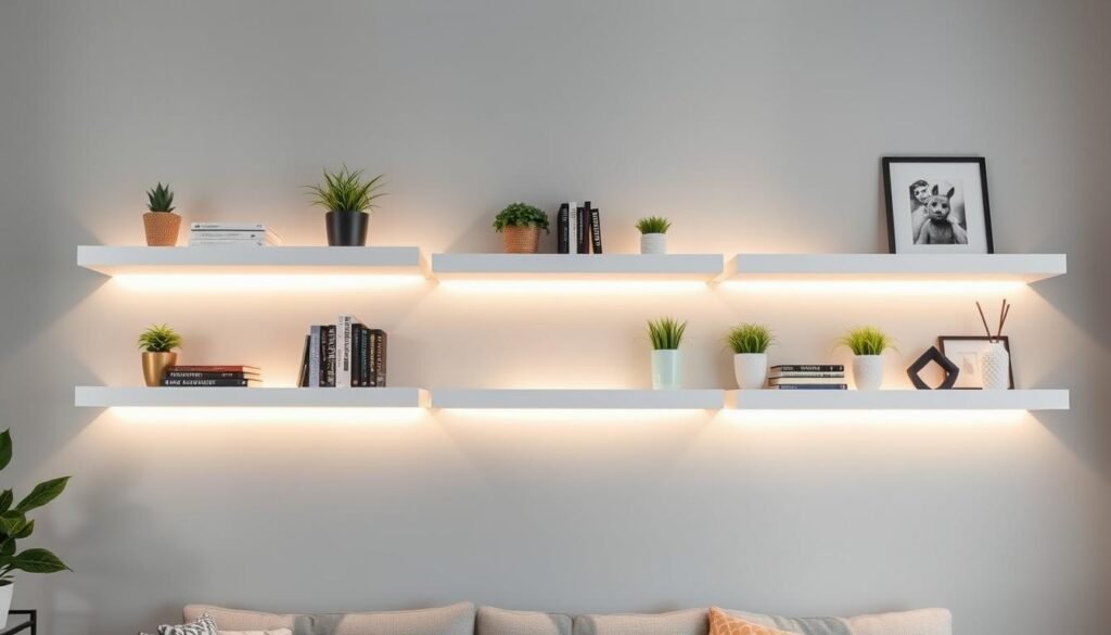 floating shelves with LED strip lights underneath showcasing decorative items and books floating shelves with LED strip lights underneath showcasing decorative items and books