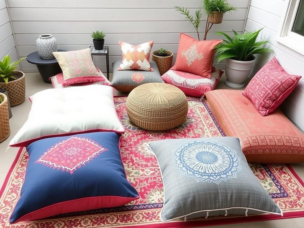 floor cushions and poufs arranged on outdoor rug for casual seating