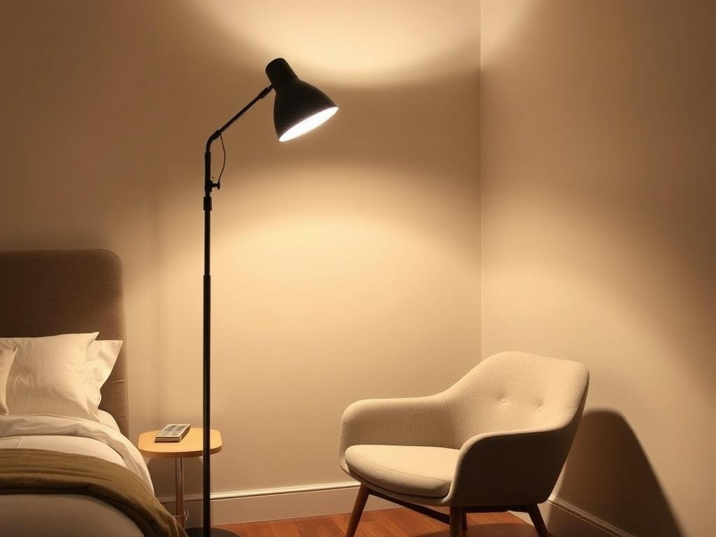 floor lamp beside bedroom reading chair