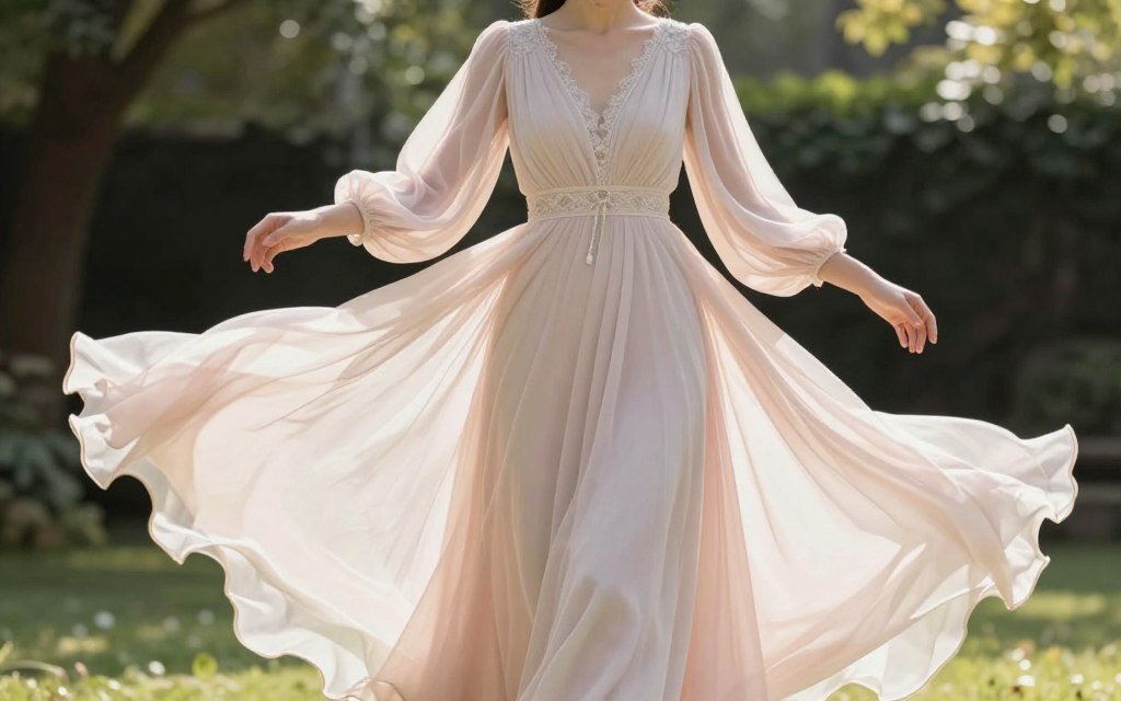 flowing chiffon long sleeve wedding guest dress in motion
