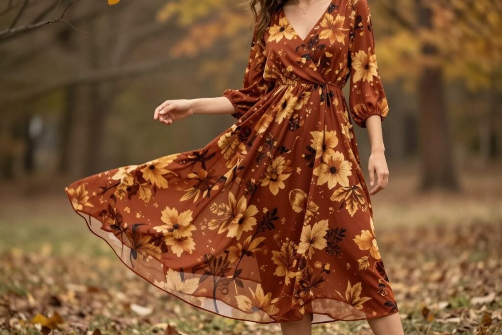 flowy midi dress in autumn floral print