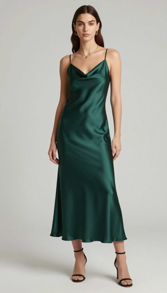 forest green satin slip dress for fall wedding guest outfit