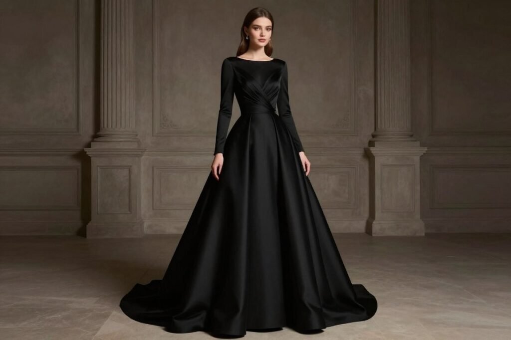 formal black long sleeve ball gown for black tie wedding