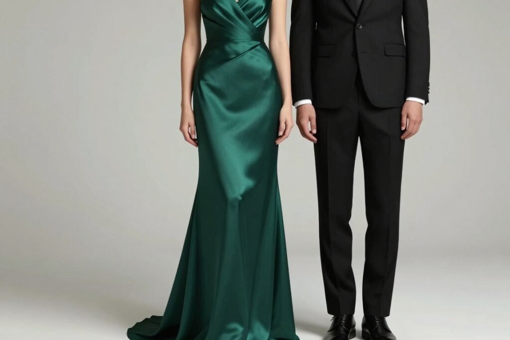 formal black tie wedding guest dress in deep emerald