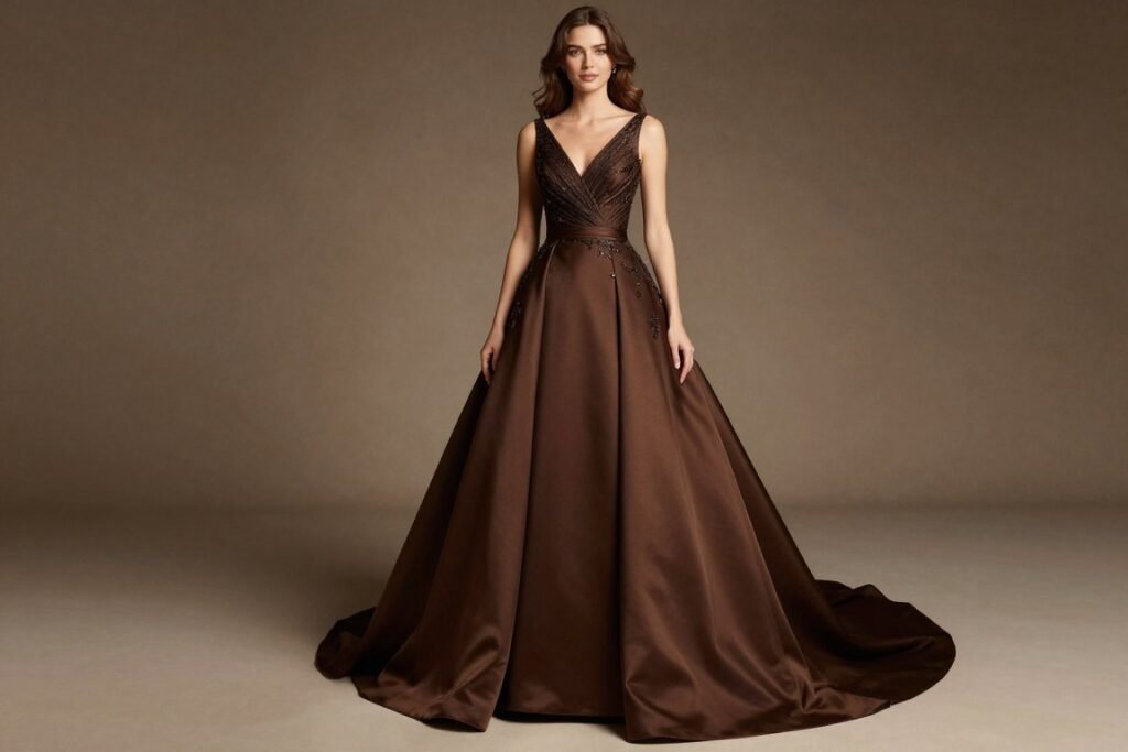 formal brown gown for black-tie wedding
