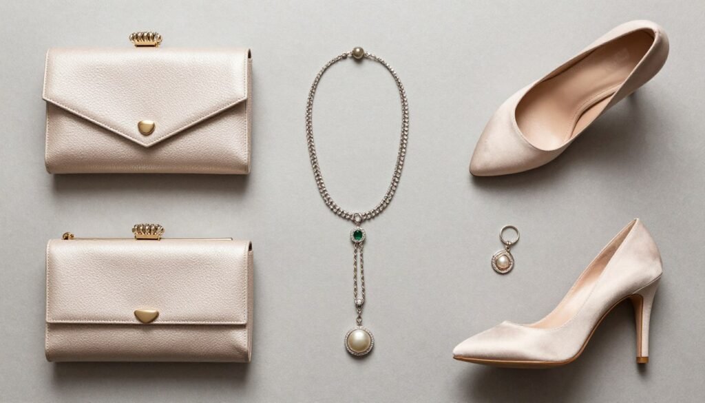 formal dress accessories laid out elegantly