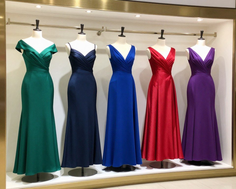 formal dresses in various jewel tones displayed together