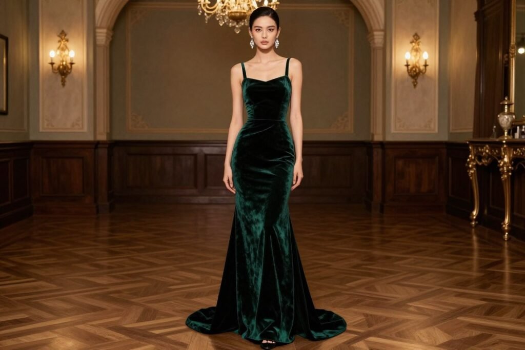 formal emerald velvet gown for autumn black-tie wedding