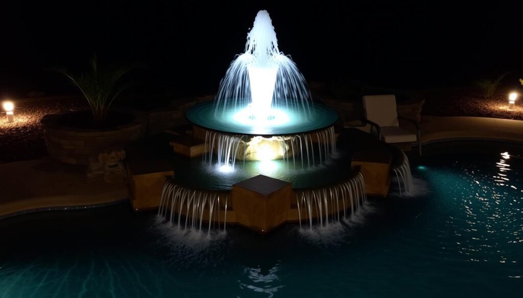 fountain with submersible lighting creating water glow effect