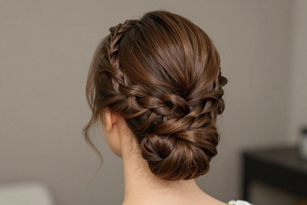 french braid into low bun wedding guest hairstyle