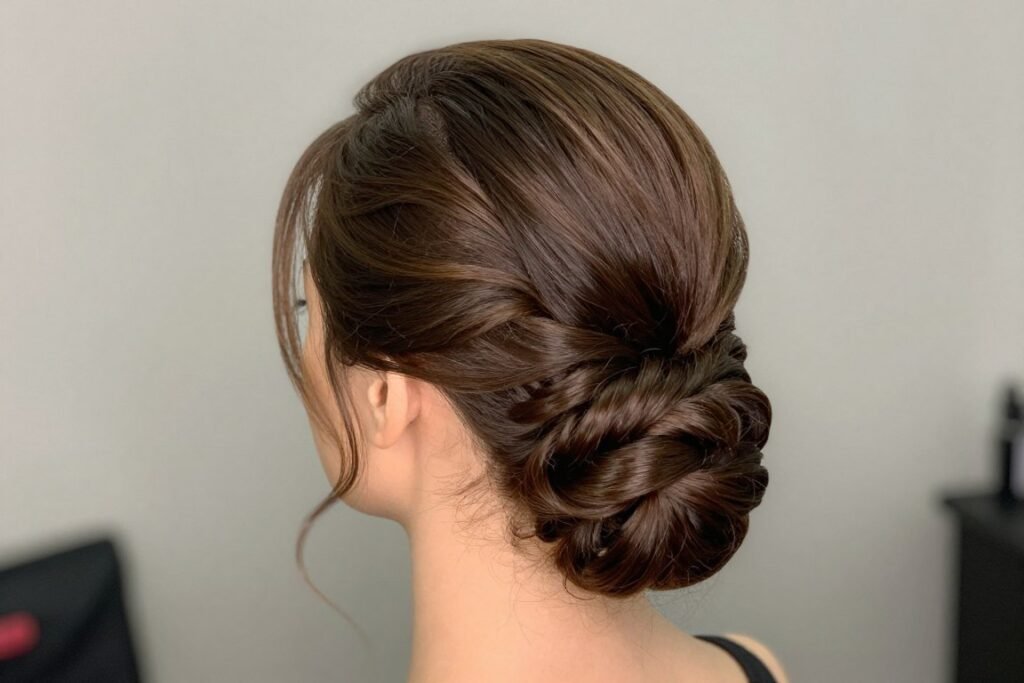 french twist updo wedding guest hairstyle long hair