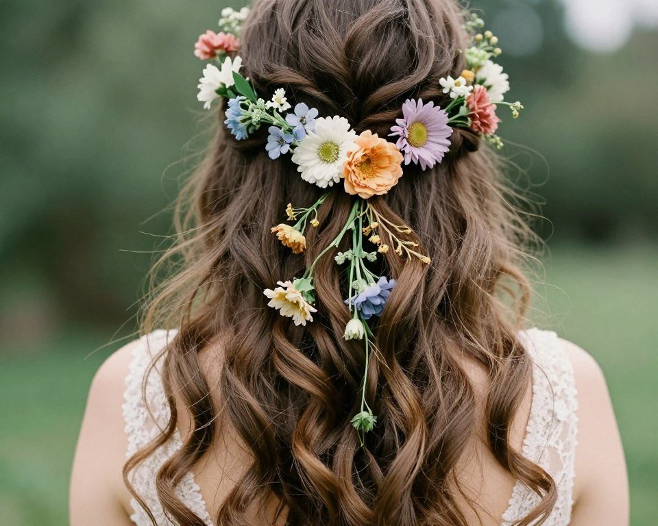 fresh flowers in wedding guest hairstyle long hair