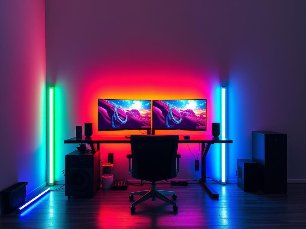 gaming desk with music sync rgb led lights responding to game audio gaming desk with music sync rgb led lights responding to game audio