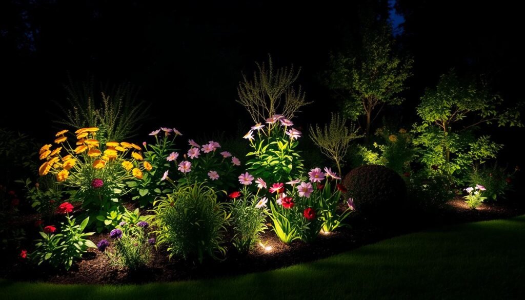 garden bed with accent lighting on plants and flowers garden bed with accent lighting on plants and flowers